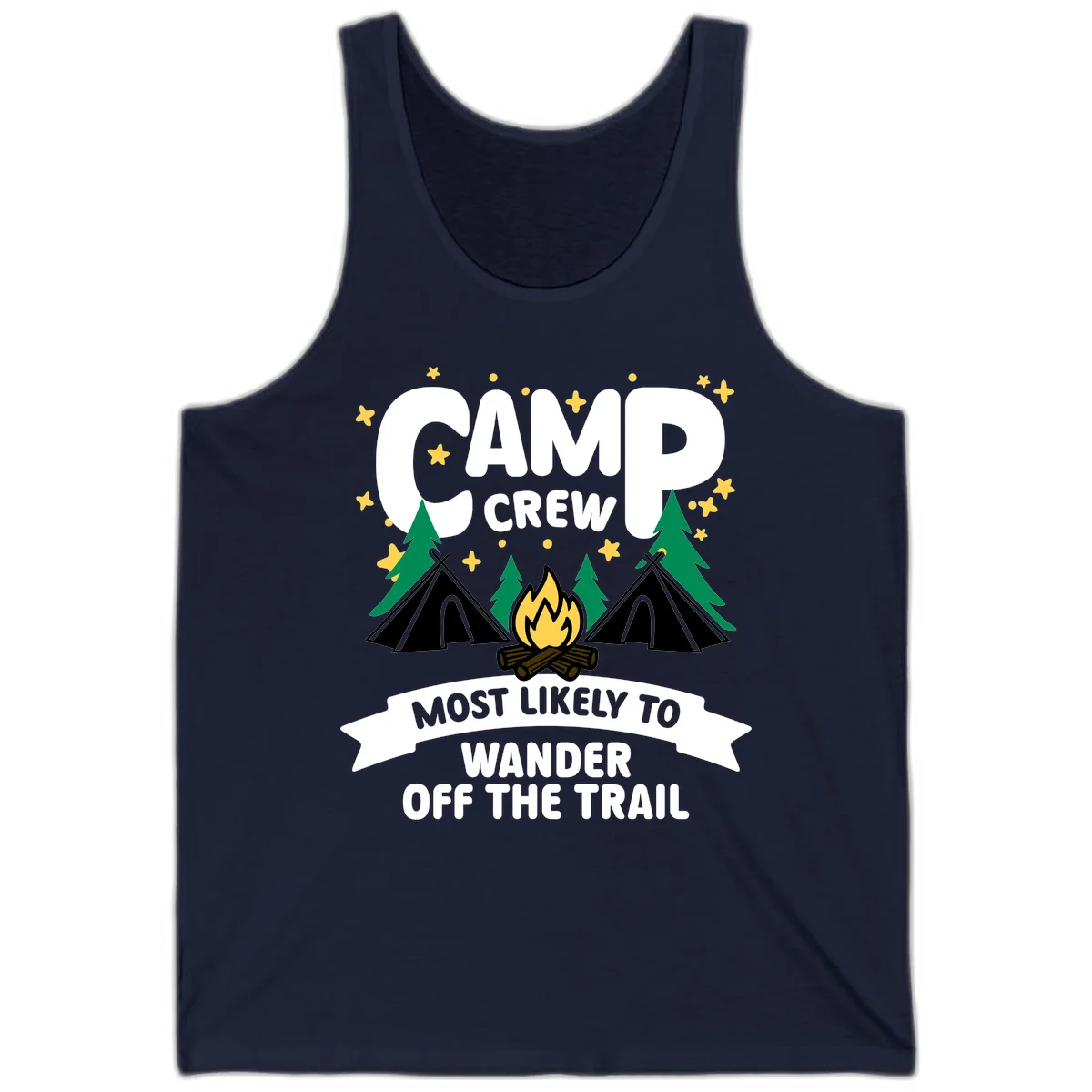 Camp crew wander off trail design with campfire, teepees, trees, and stars on gray background in Navy