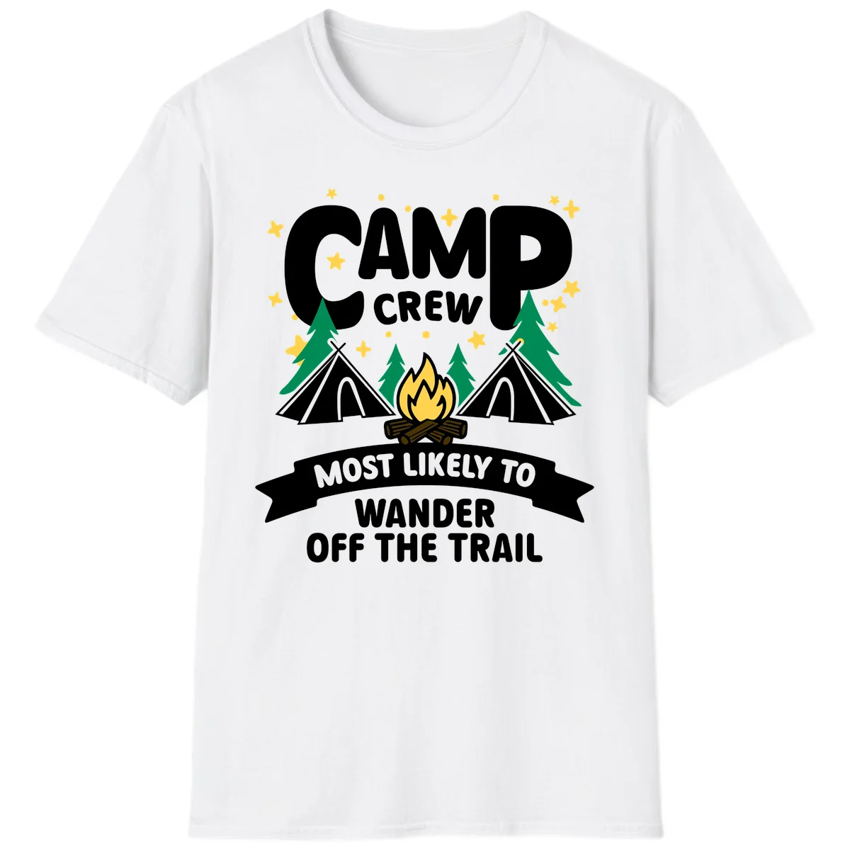 Camp crew wander off trail design with campfire, teepees, trees, and stars on gray background in White