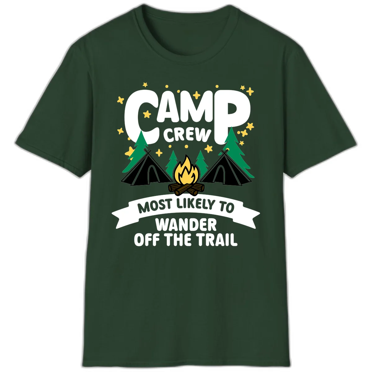 Camp crew wander off trail design with campfire, teepees, trees, and stars on gray background in Forest Green