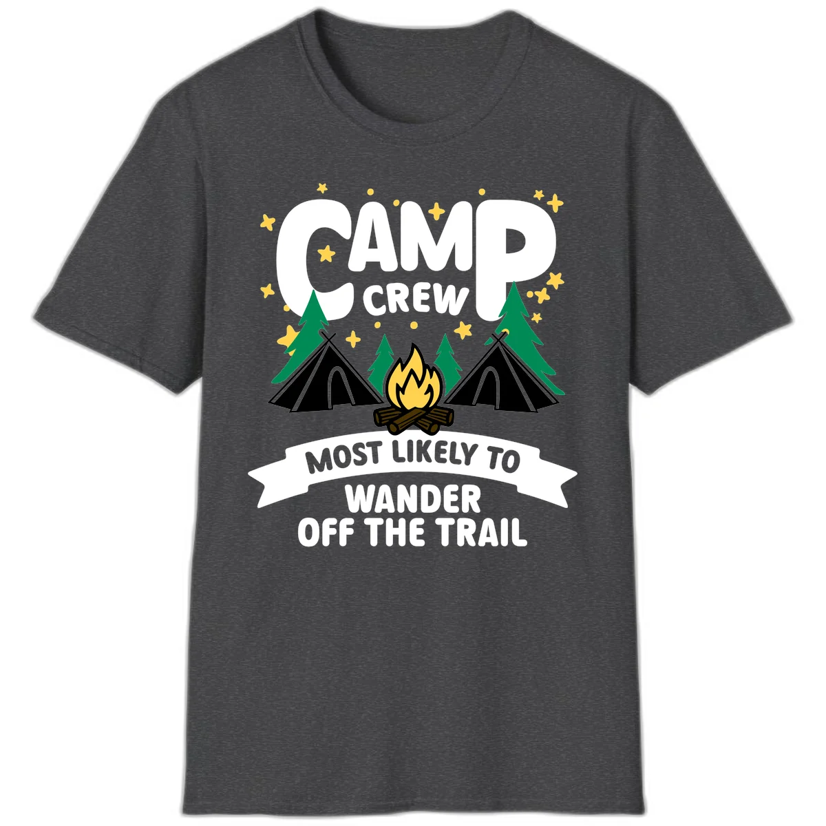Camp crew wander off trail design with campfire, teepees, trees, and stars on gray background in Dark Heather