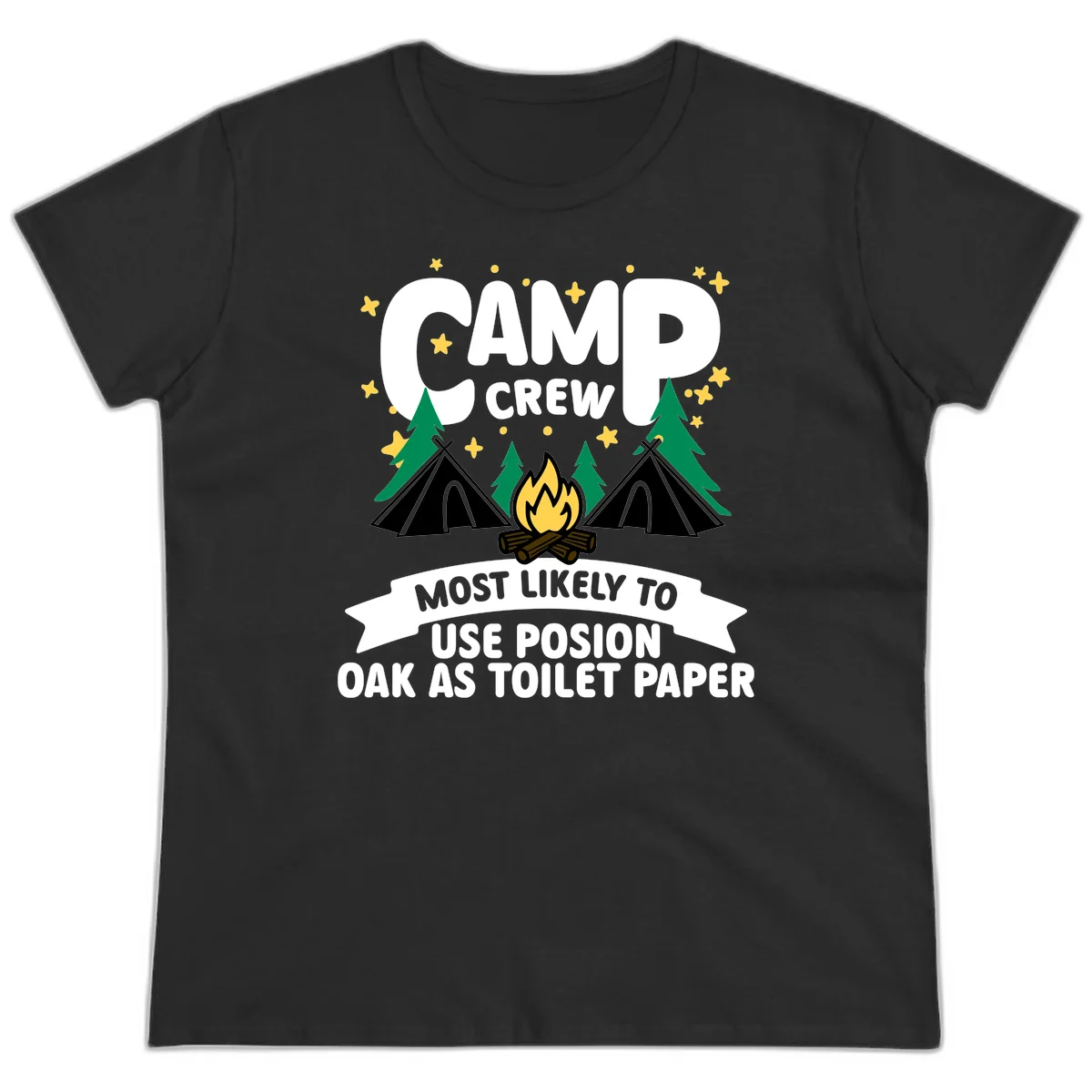 Camp crew design with tents, campfire, and trees under stars, text reads 'Most Likely To Use Posion Oak As Toilet Paper' in Black
