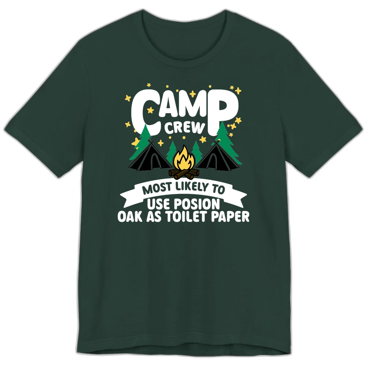 Camp crew design with tents, campfire, and trees under stars, text reads 'Most Likely To Use Posion Oak As Toilet Paper' in Forest