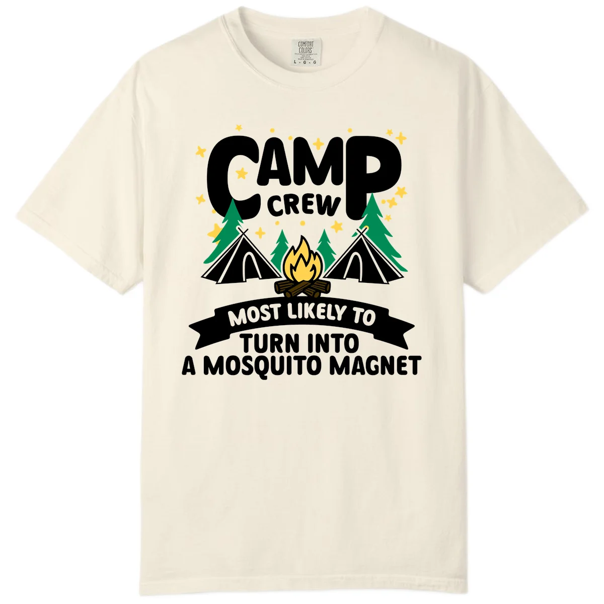 Mosquito magnet camp design with tents, campfire, trees and stars; 'Camp Crew' text with humorous camping superlative in Ivory