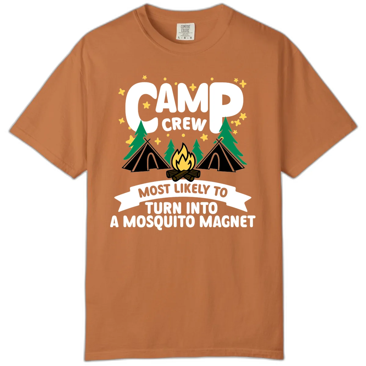 Mosquito magnet camp design with tents, campfire, trees and stars; 'Camp Crew' text with humorous camping superlative in Yam