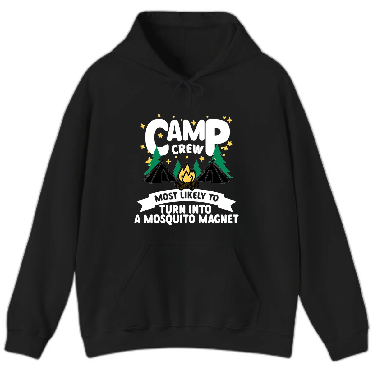 Mosquito magnet camp design with tents, campfire, trees and stars; 'Camp Crew' text with humorous camping superlative in Black