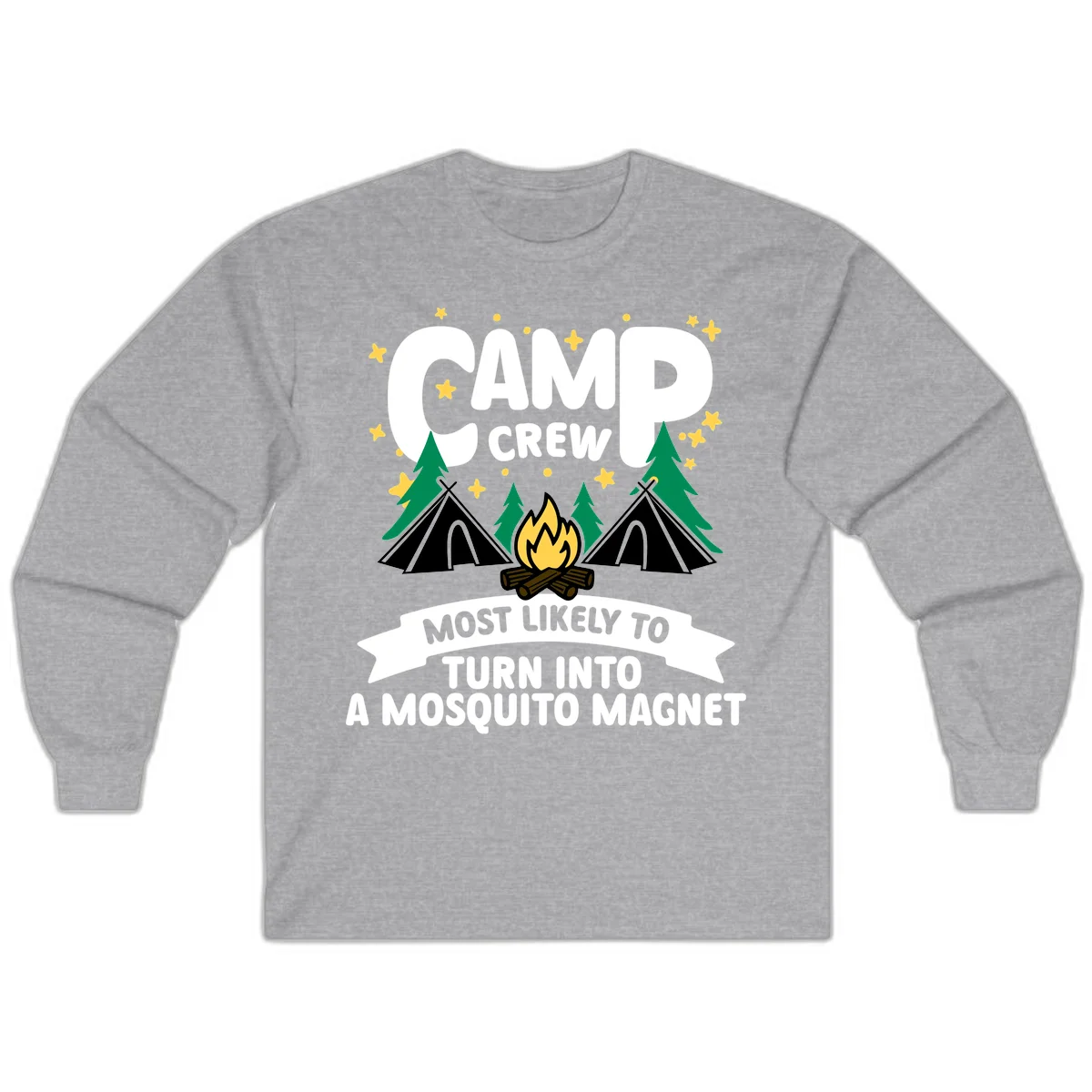 Mosquito magnet camp design with tents, campfire, trees and stars; 'Camp Crew' text with humorous camping superlative in Sport Grey