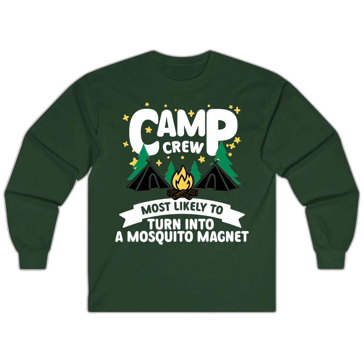 Mosquito magnet camp design with tents, campfire, trees and stars; 'Camp Crew' text with humorous camping superlative in Forest Green