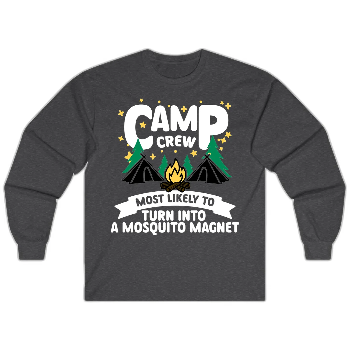Mosquito magnet camp design with tents, campfire, trees and stars; 'Camp Crew' text with humorous camping superlative in Dark Heather