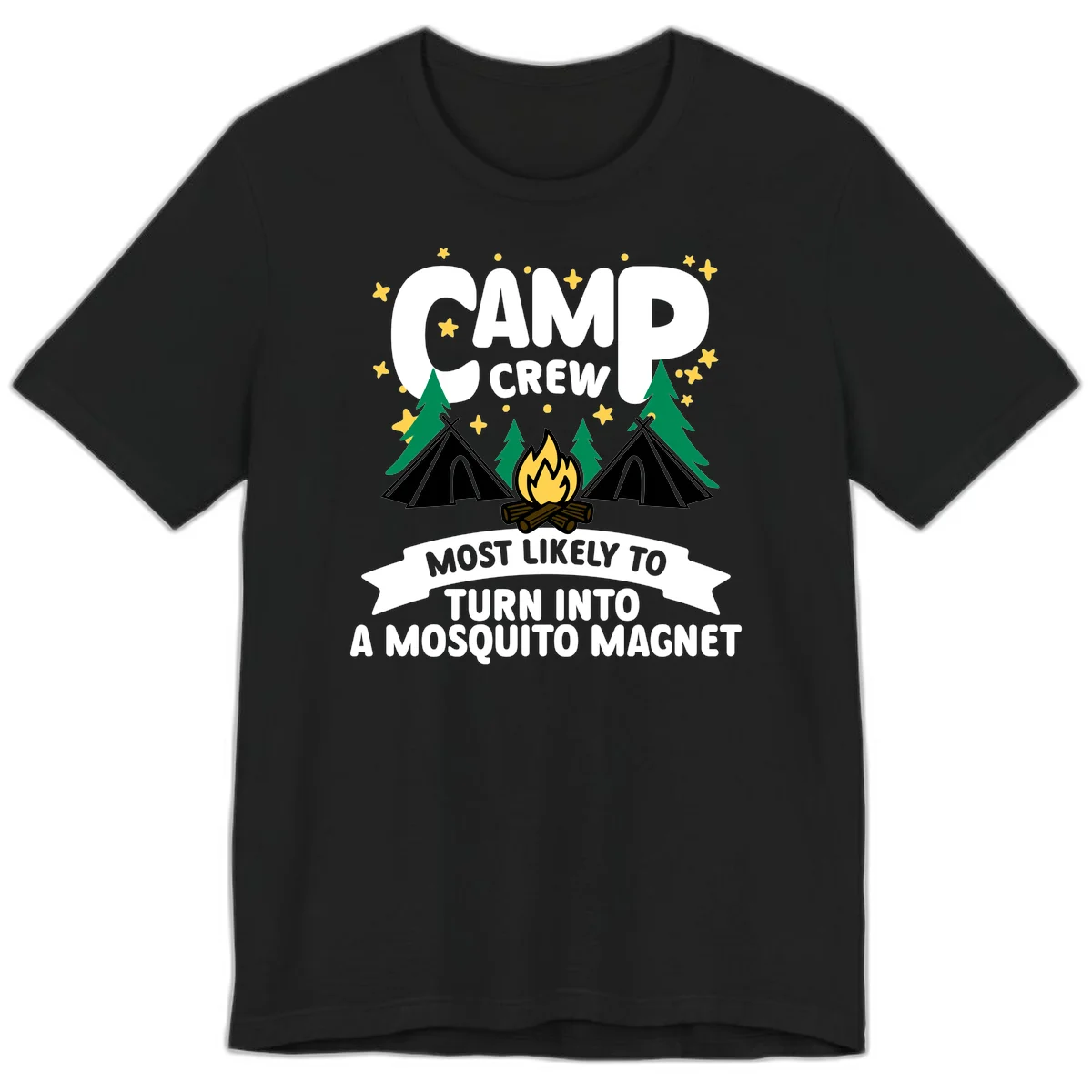 Mosquito magnet camp design with tents, campfire, trees and stars; 'Camp Crew' text with humorous camping superlative in Black