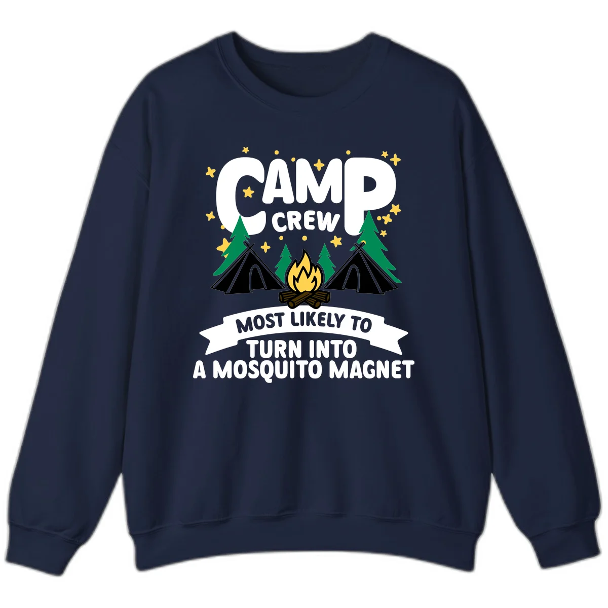 Mosquito magnet camp design with tents, campfire, trees and stars; 'Camp Crew' text with humorous camping superlative in Navy