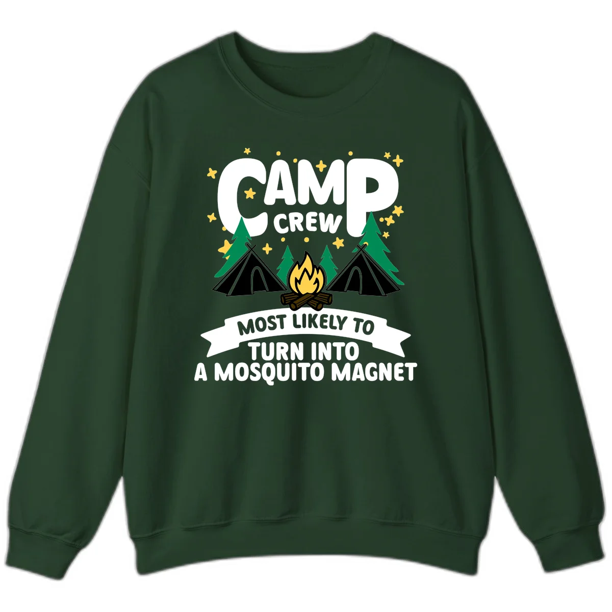 Mosquito magnet camp design with tents, campfire, trees and stars; 'Camp Crew' text with humorous camping superlative in Forest Green