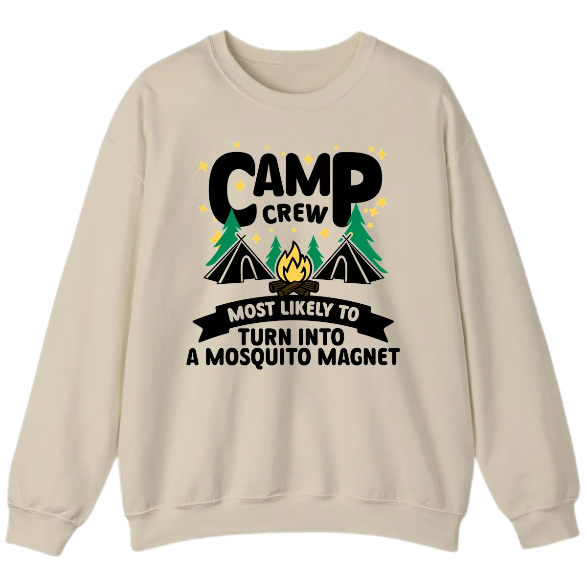 Mosquito magnet camp design with tents, campfire, trees and stars; 'Camp Crew' text with humorous camping superlative in Sand