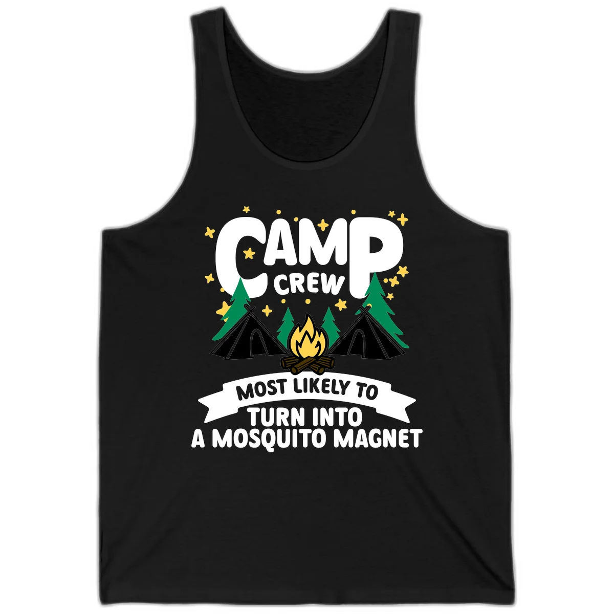 Mosquito magnet camp design with tents, campfire, trees and stars; 'Camp Crew' text with humorous camping superlative in Black