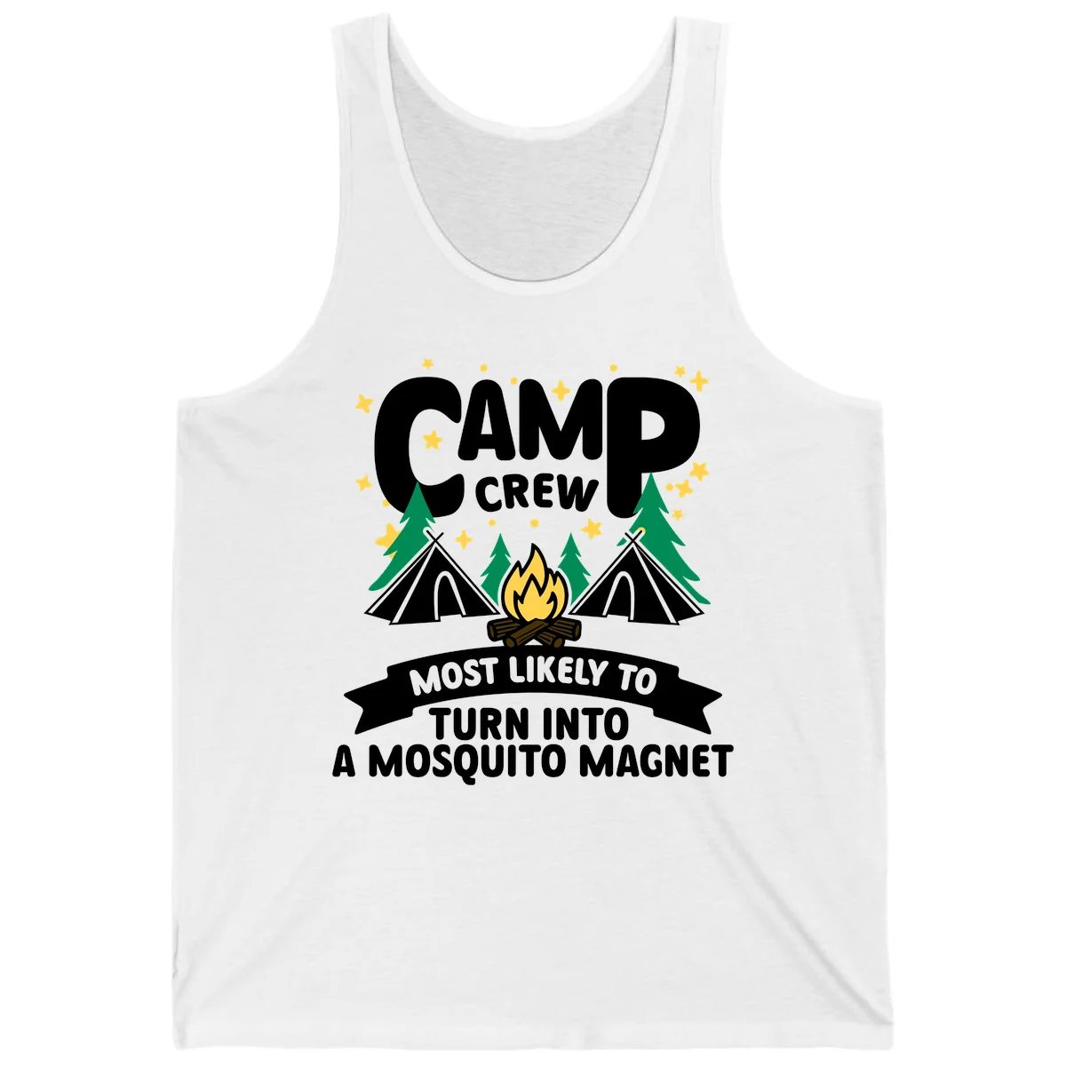 Mosquito magnet camp design with tents, campfire, trees and stars; 'Camp Crew' text with humorous camping superlative in White