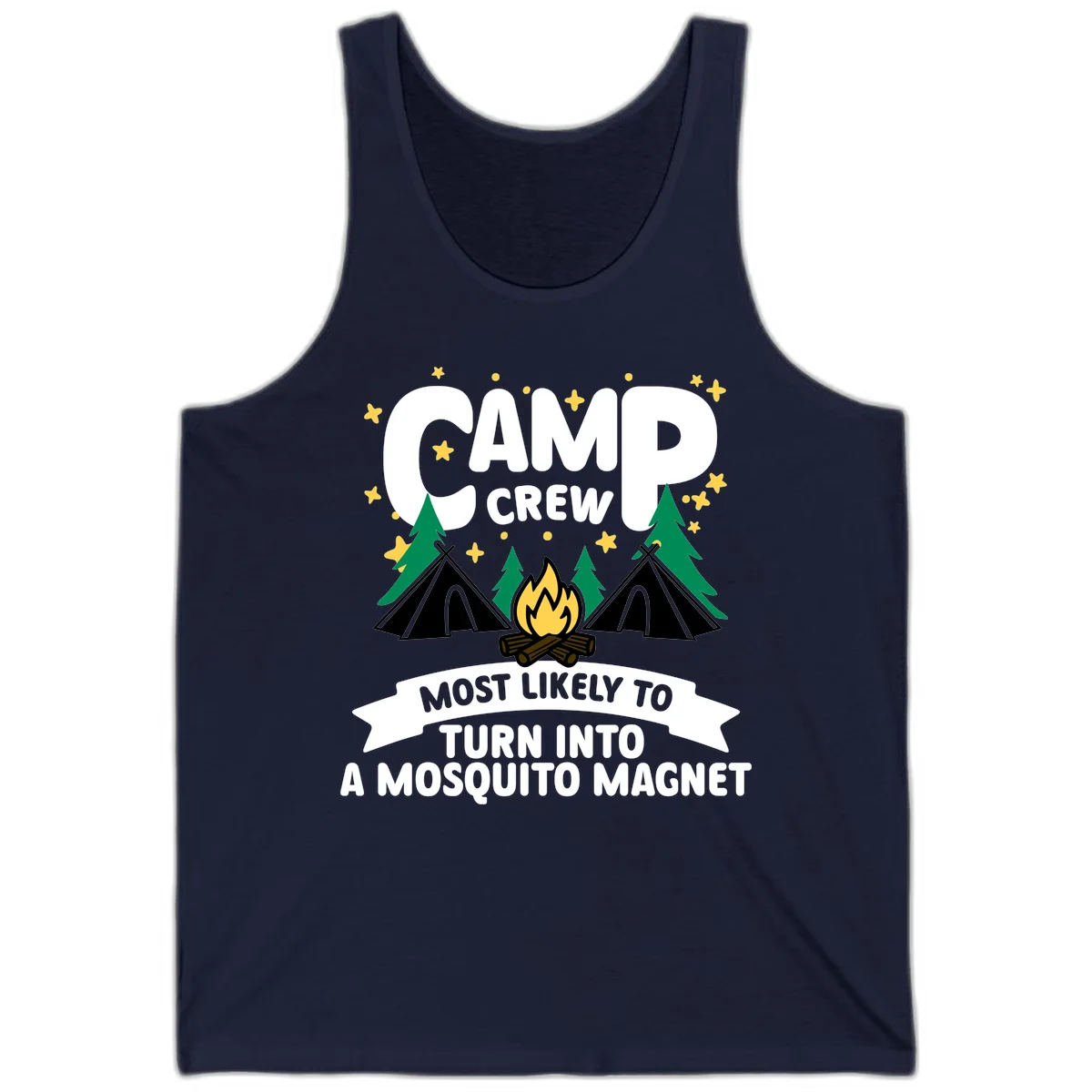 Mosquito magnet camp design with tents, campfire, trees and stars; 'Camp Crew' text with humorous camping superlative in Navy