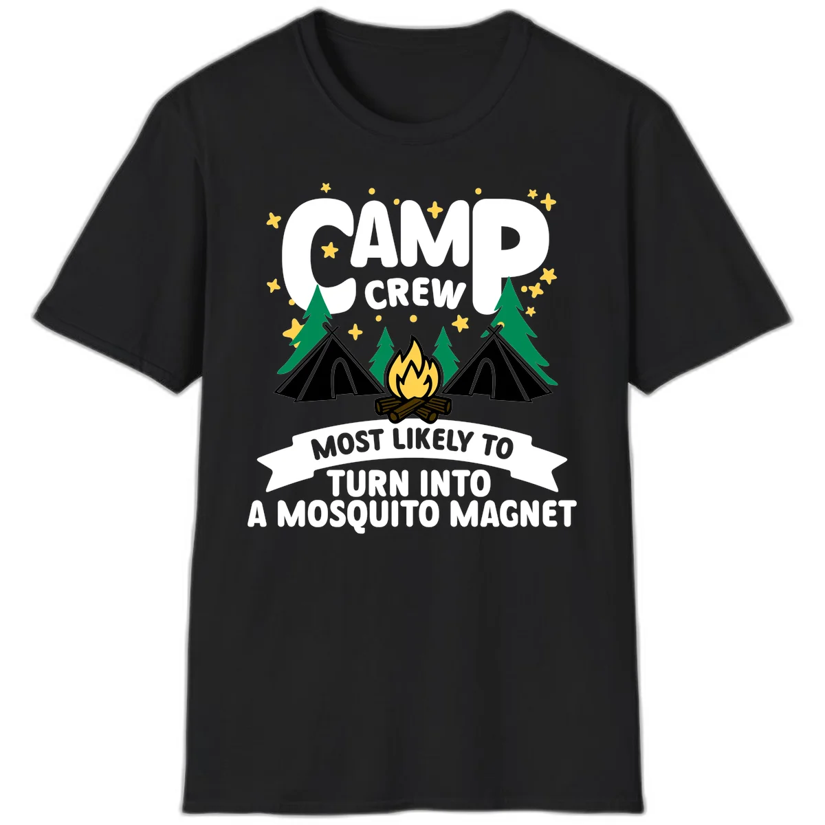 Mosquito magnet camp design with tents, campfire, trees and stars; 'Camp Crew' text with humorous camping superlative in Black
