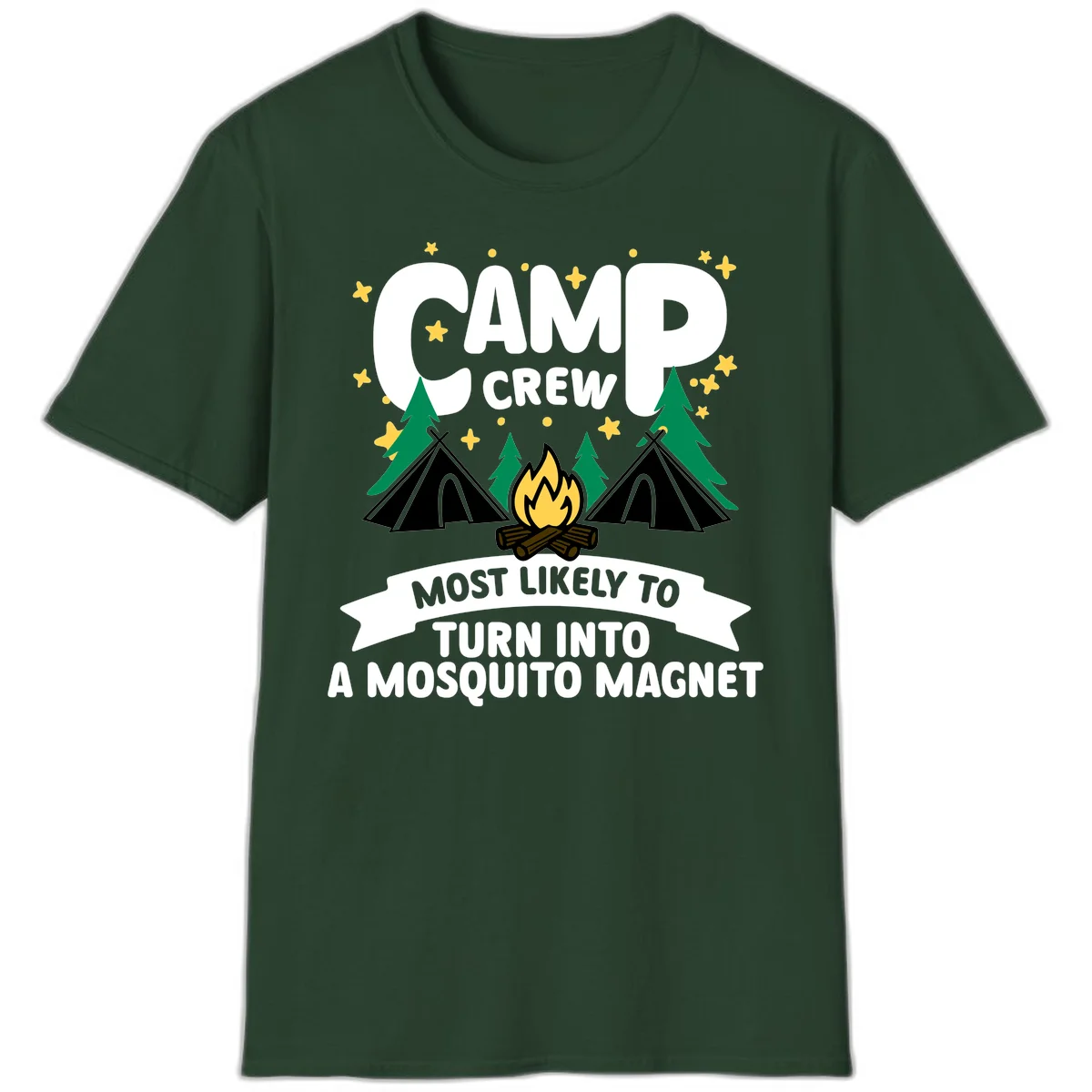 Mosquito magnet camp design with tents, campfire, trees and stars; 'Camp Crew' text with humorous camping superlative in Forest Green
