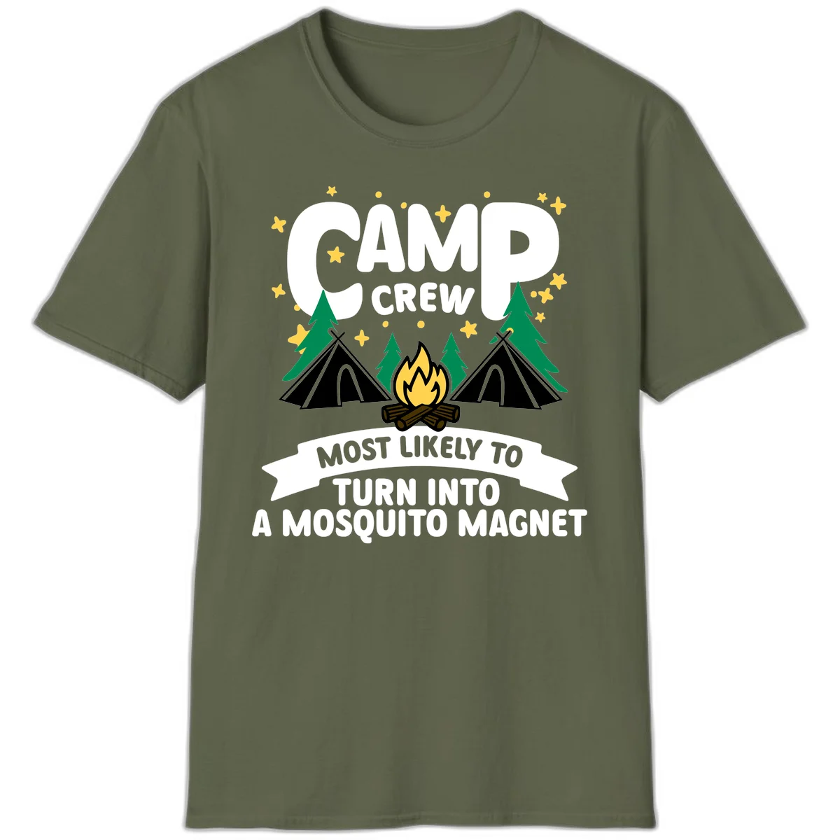 Mosquito magnet camp design with tents, campfire, trees and stars; 'Camp Crew' text with humorous camping superlative in Military Green