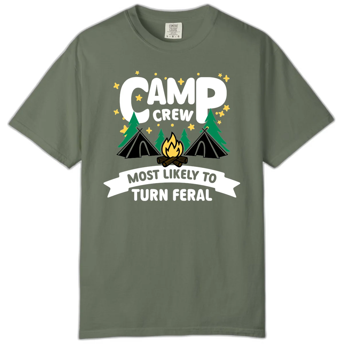 Camp crew camping design with tents, campfire, trees and stars showing 'most likely to turn feral' humor in Moss