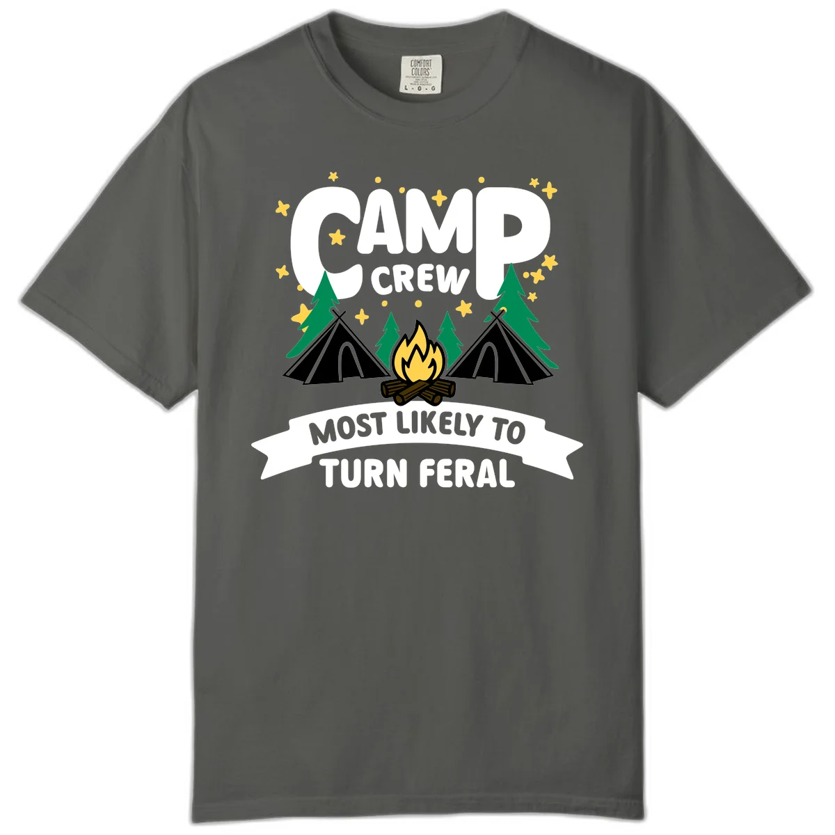 Camp crew camping design with tents, campfire, trees and stars showing 'most likely to turn feral' humor in Pepper