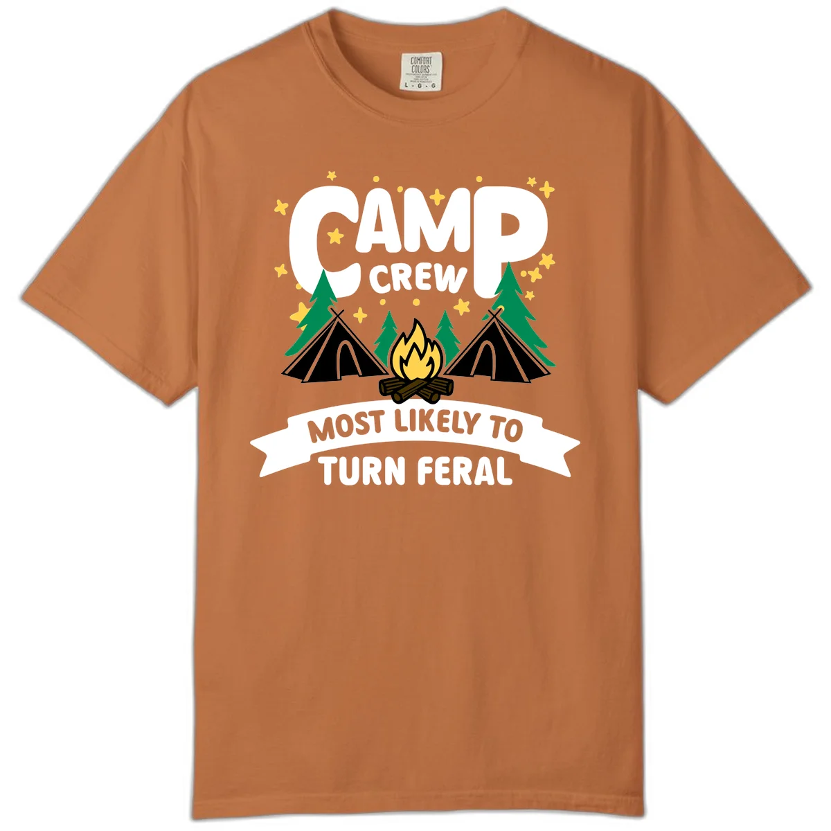 Camp crew camping design with tents, campfire, trees and stars showing 'most likely to turn feral' humor in Yam