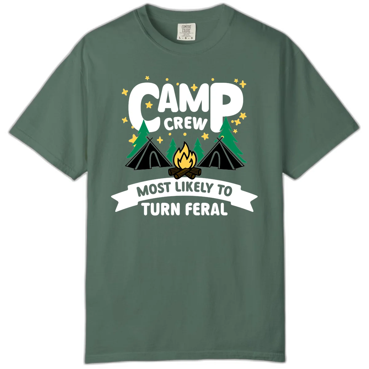 Camp crew camping design with tents, campfire, trees and stars showing 'most likely to turn feral' humor in Blue Spruce