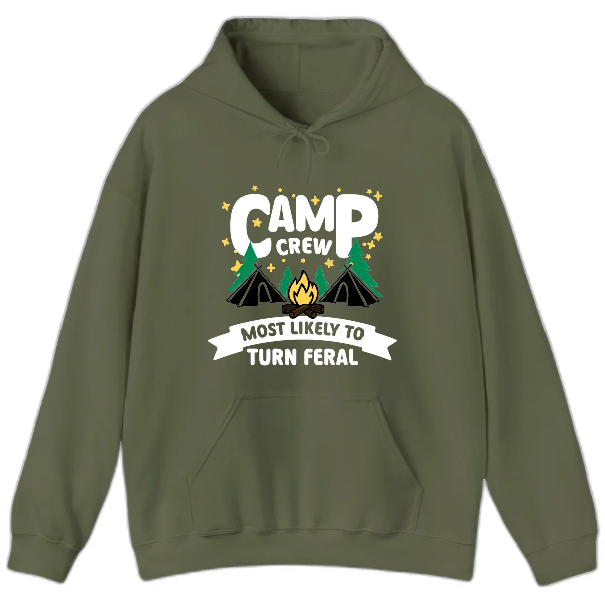 Camp crew camping design with tents, campfire, trees and stars showing 'most likely to turn feral' humor in Military Green