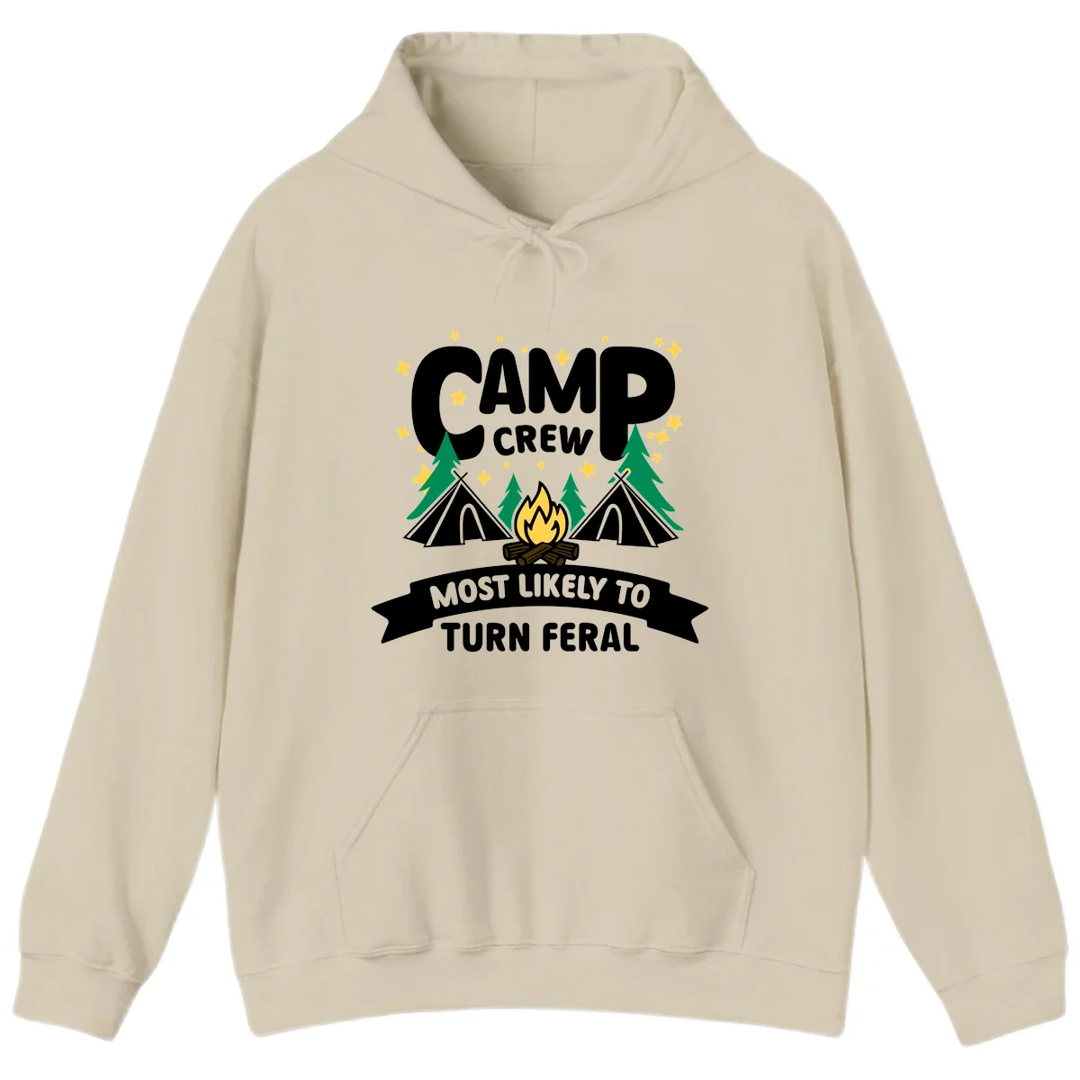 Camp crew camping design with tents, campfire, trees and stars showing 'most likely to turn feral' humor in Sand