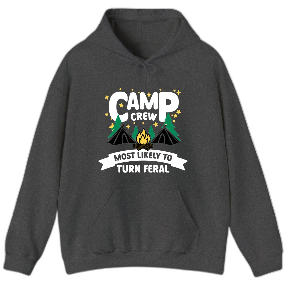 Camp crew camping design with tents, campfire, trees and stars showing 'most likely to turn feral' humor in Dark Heather