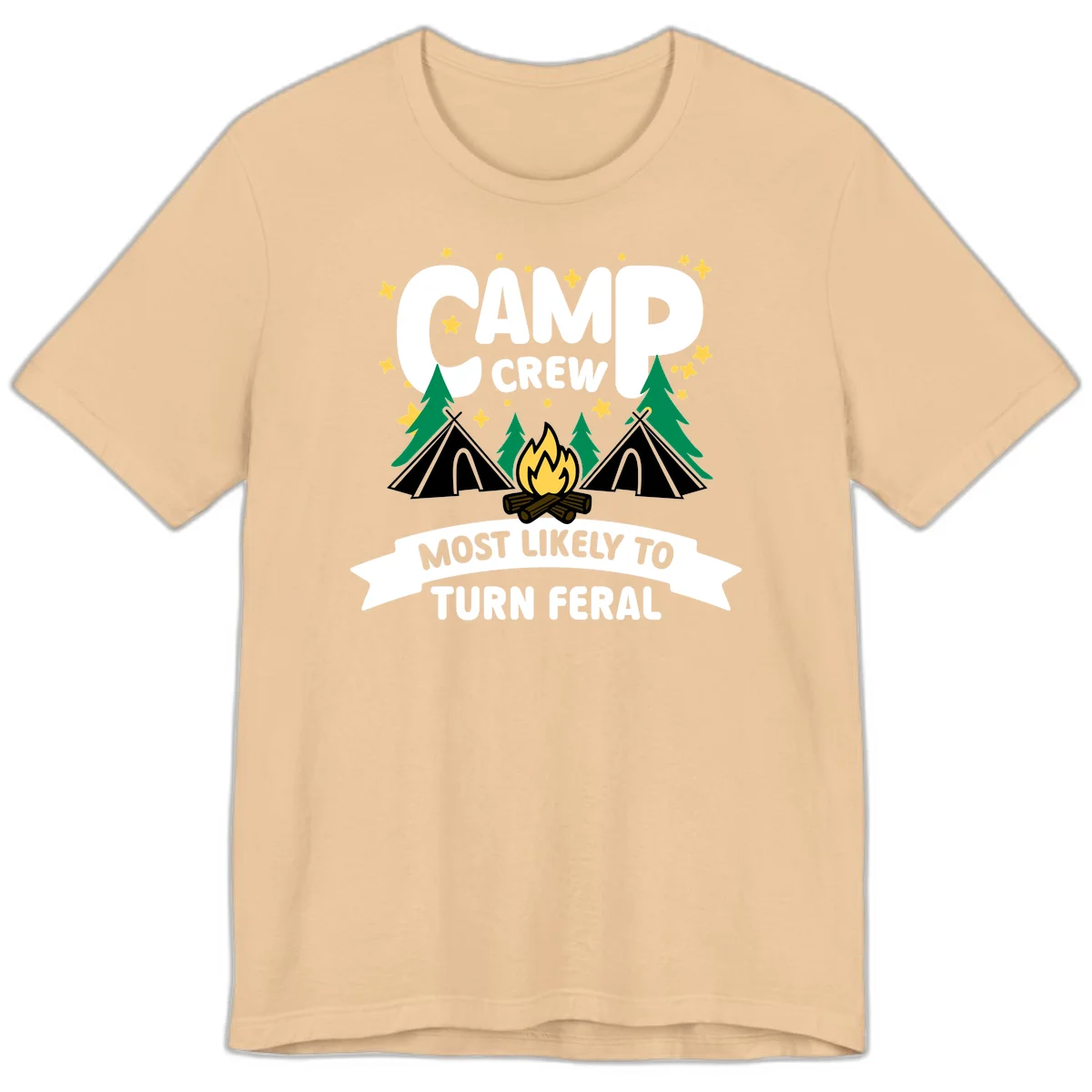 Camp crew camping design with tents, campfire, trees and stars showing 'most likely to turn feral' humor in Sand Dune