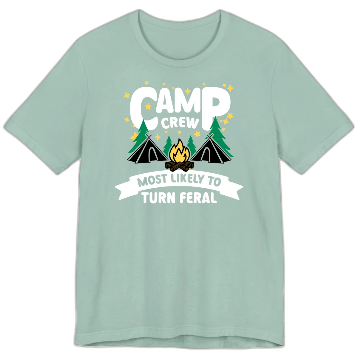 Camp crew camping design with tents, campfire, trees and stars showing 'most likely to turn feral' humor in Dusty Blue
