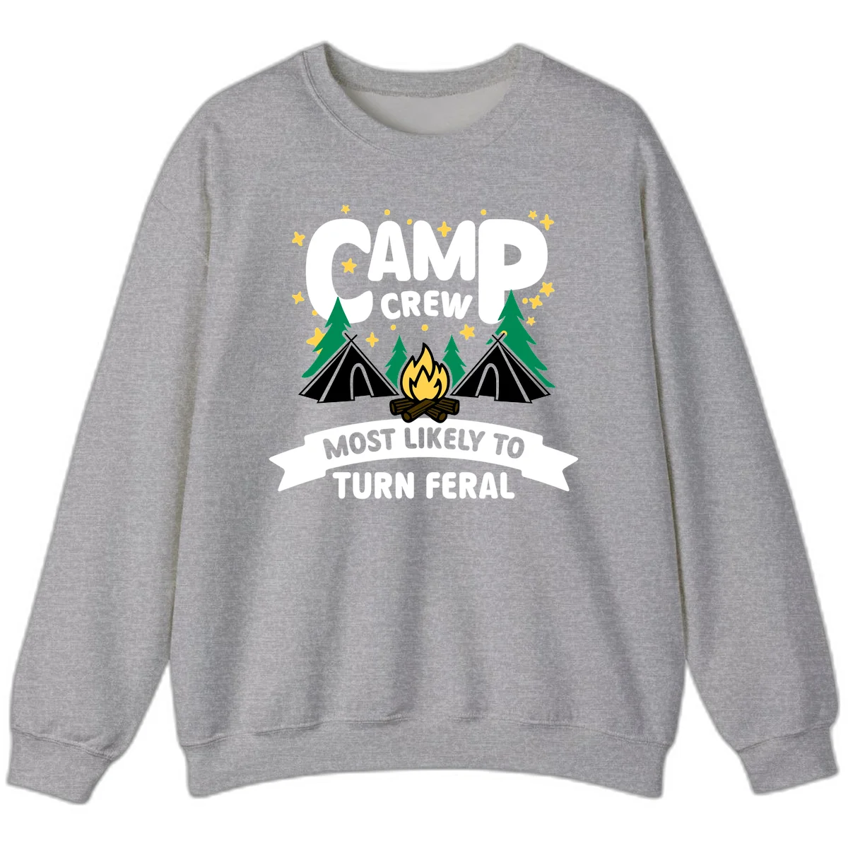 Camp crew camping design with tents, campfire, trees and stars showing 'most likely to turn feral' humor in Sport Grey