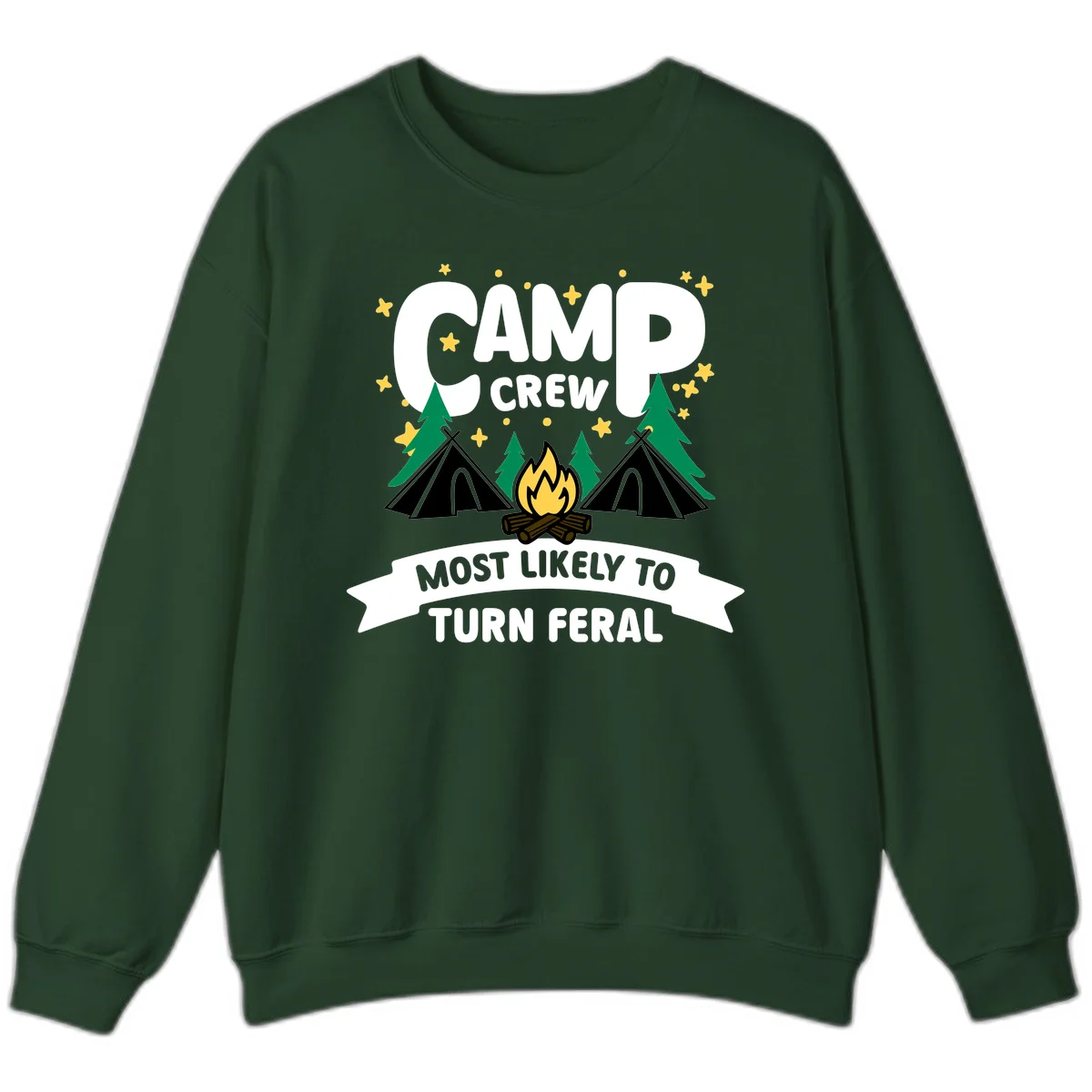 Camp crew camping design with tents, campfire, trees and stars showing 'most likely to turn feral' humor in Forest Green