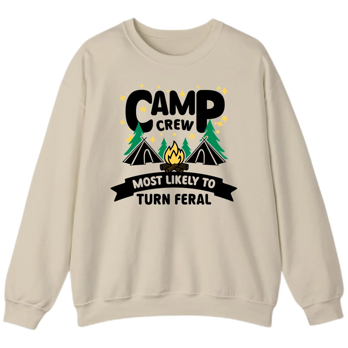 Camp crew camping design with tents, campfire, trees and stars showing 'most likely to turn feral' humor in Sand