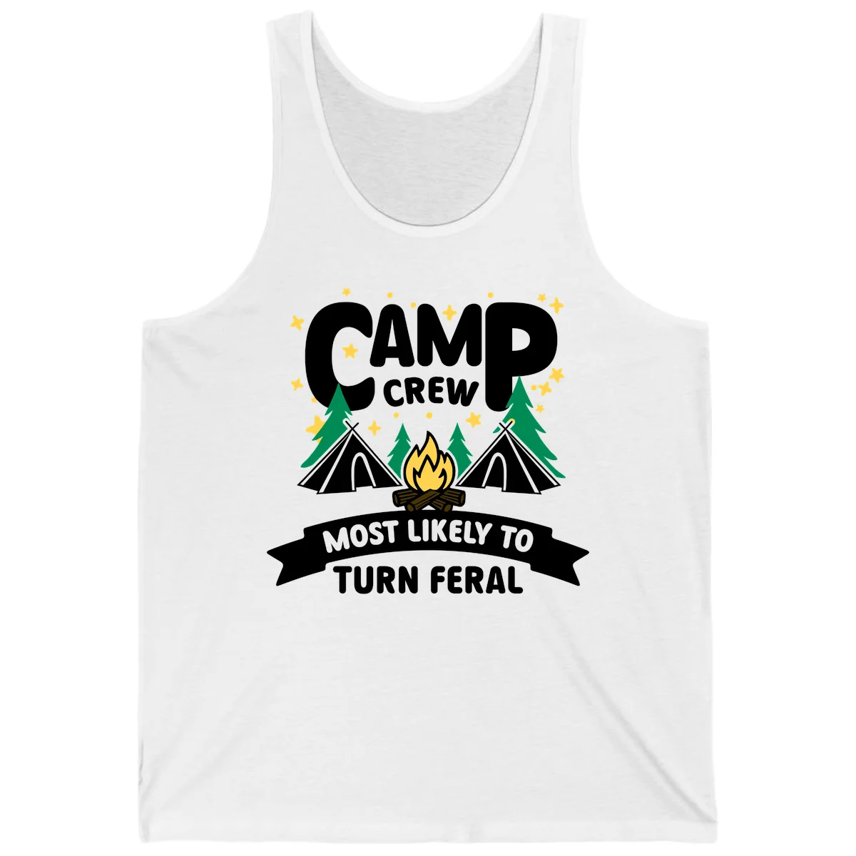 Camp crew camping design with tents, campfire, trees and stars showing 'most likely to turn feral' humor in White