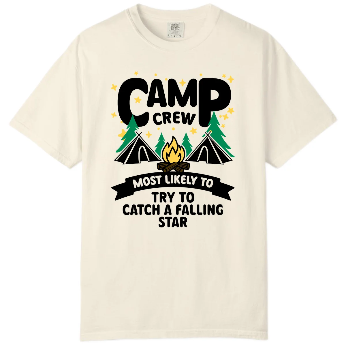 Camp crew falling star design with campfire, tents, trees, and stars on gray background in Ivory