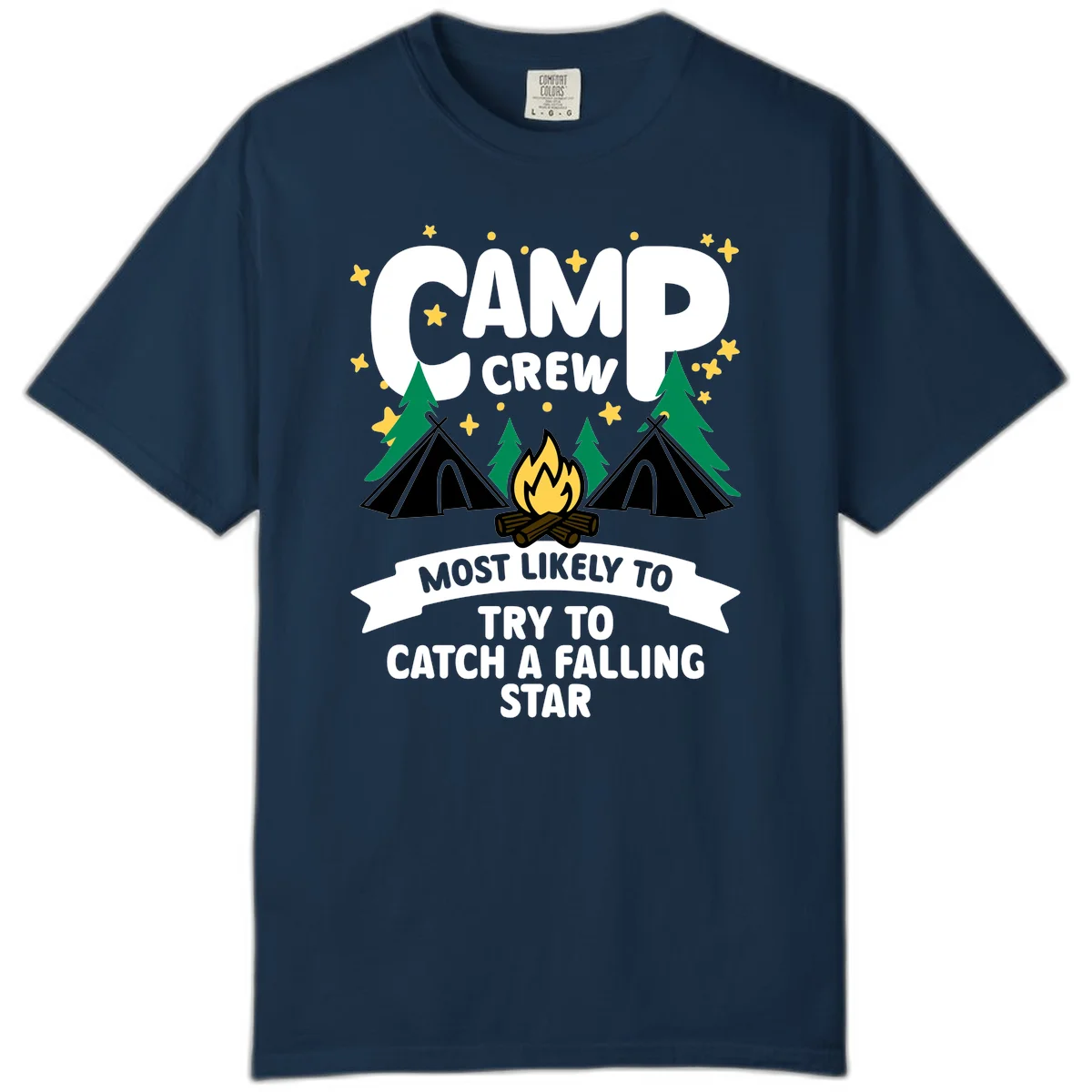 Camp crew falling star design with campfire, tents, trees, and stars on gray background in True Navy