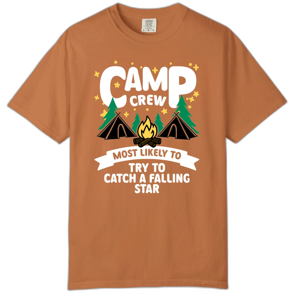 Camp crew falling star design with campfire, tents, trees, and stars on gray background in Yam