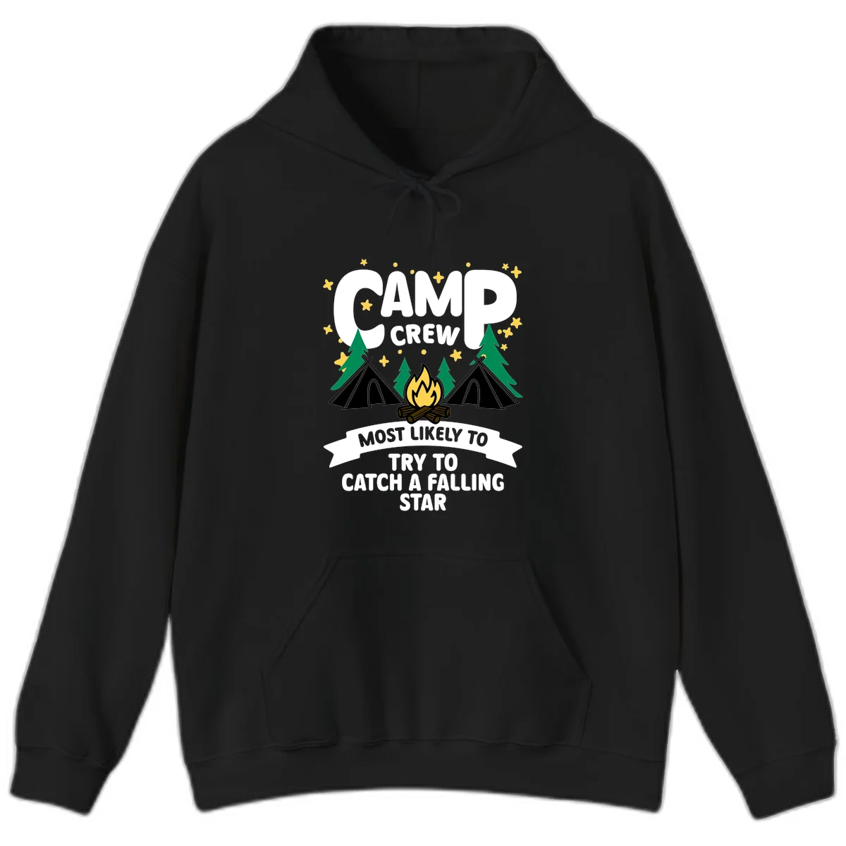 Camp crew falling star design with campfire, tents, trees, and stars on gray background in Black