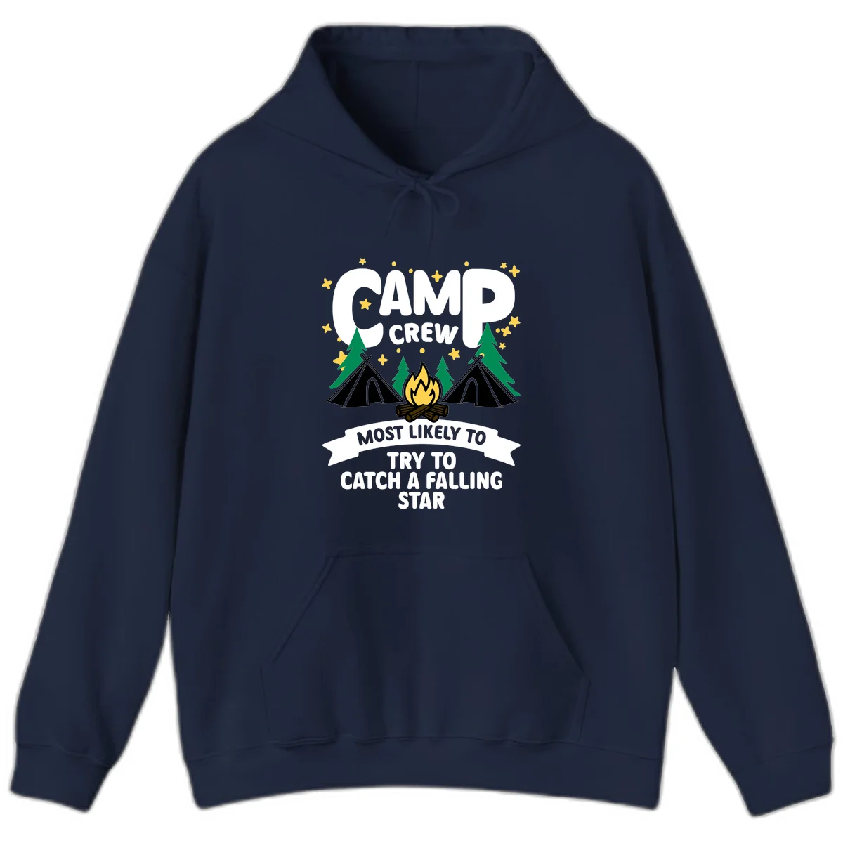 Camp crew falling star design with campfire, tents, trees, and stars on gray background in Navy