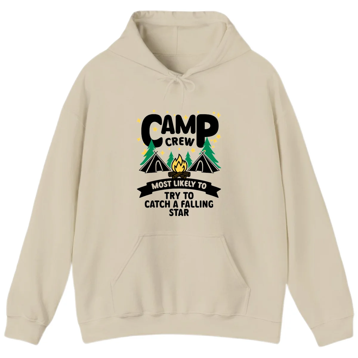 Camp crew falling star design with campfire, tents, trees, and stars on gray background in Sand