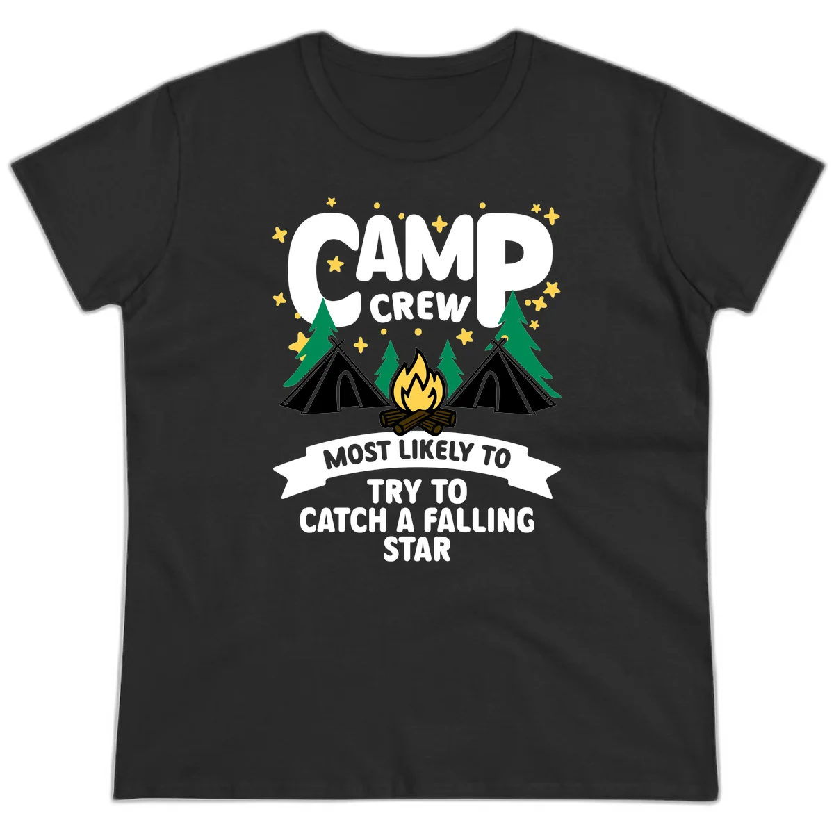 Camp crew falling star design with campfire, tents, trees, and stars on gray background in Black
