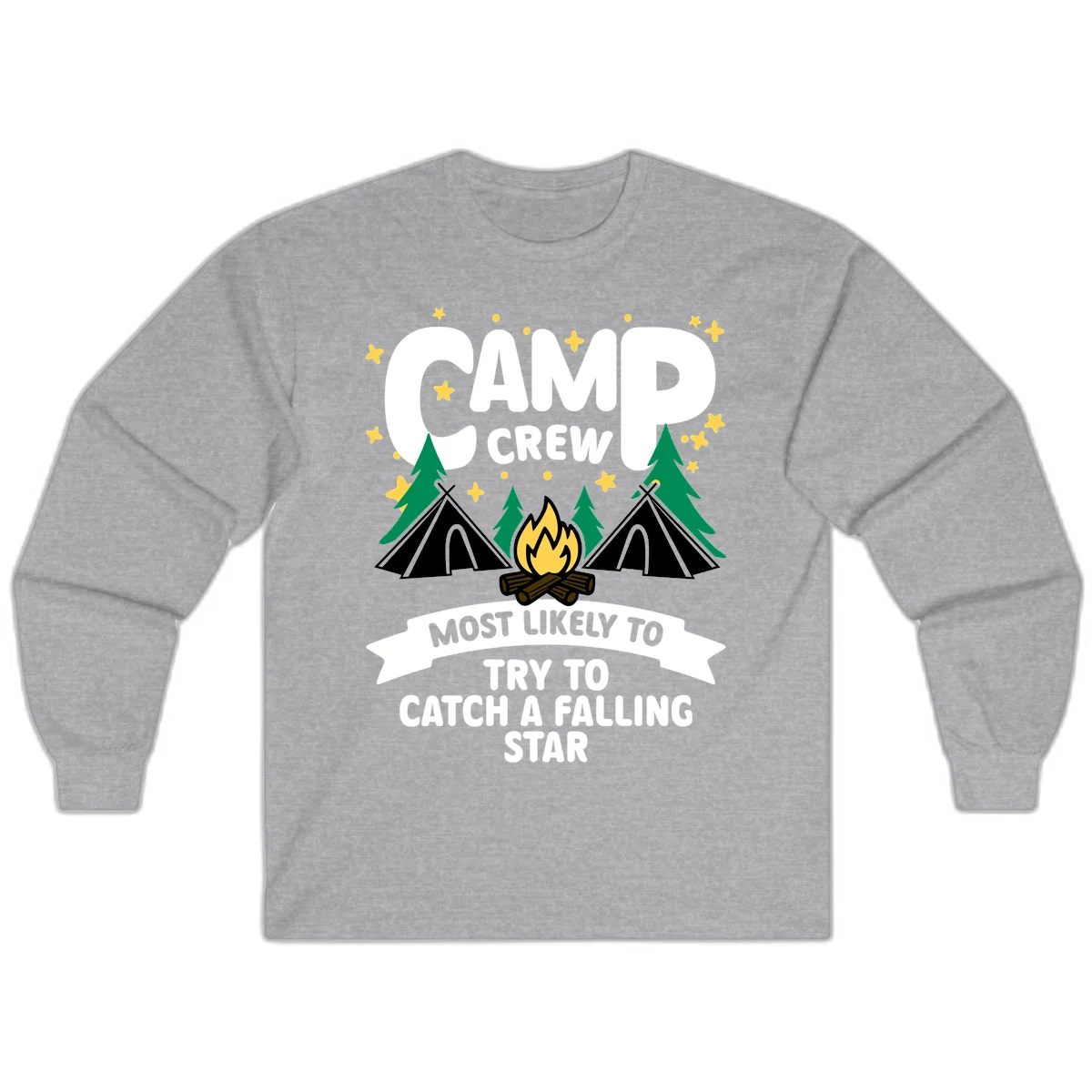 Camp crew falling star design with campfire, tents, trees, and stars on gray background in Sport Grey