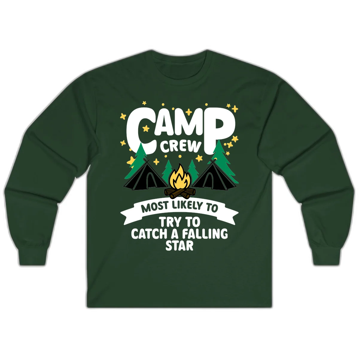 Camp crew falling star design with campfire, tents, trees, and stars on gray background in Forest Green