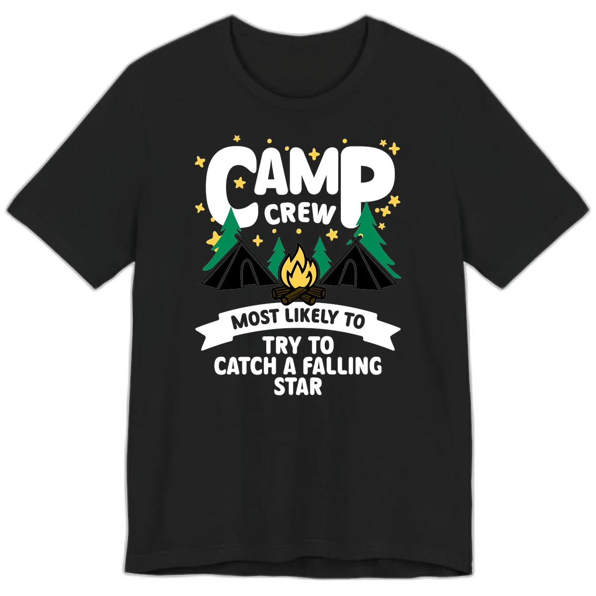 Camp crew falling star design with campfire, tents, trees, and stars on gray background in Black