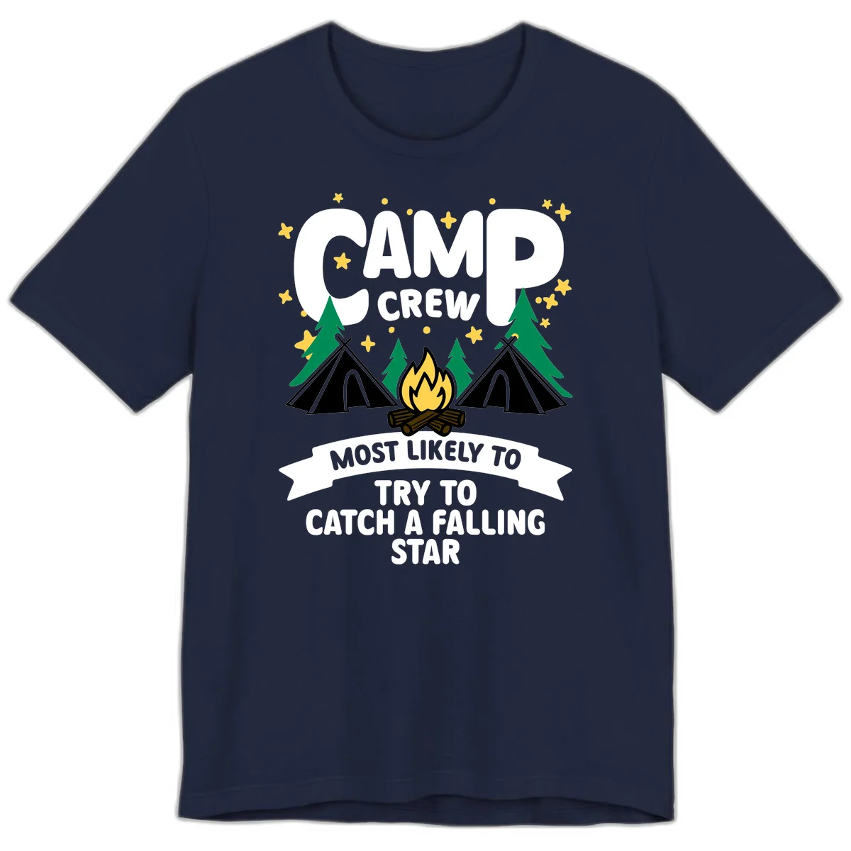 Camp crew falling star design with campfire, tents, trees, and stars on gray background in Navy