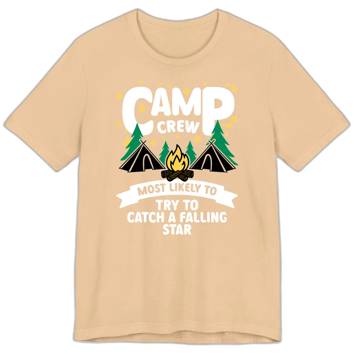 Camp crew falling star design with campfire, tents, trees, and stars on gray background in Sand Dune