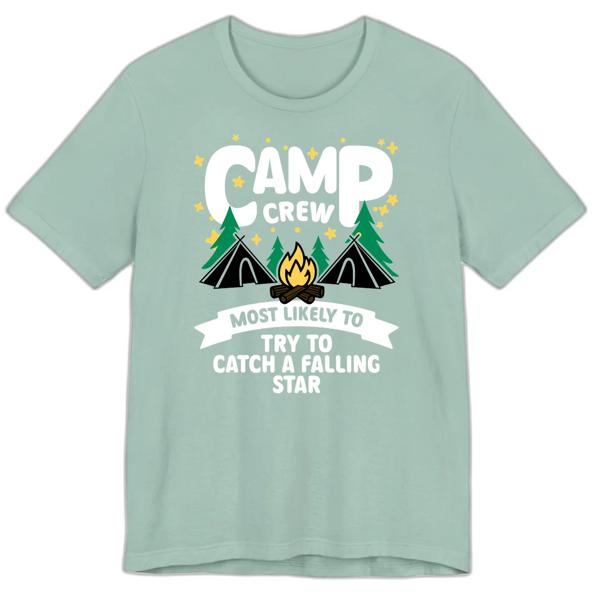 Camp crew falling star design with campfire, tents, trees, and stars on gray background in Dusty Blue