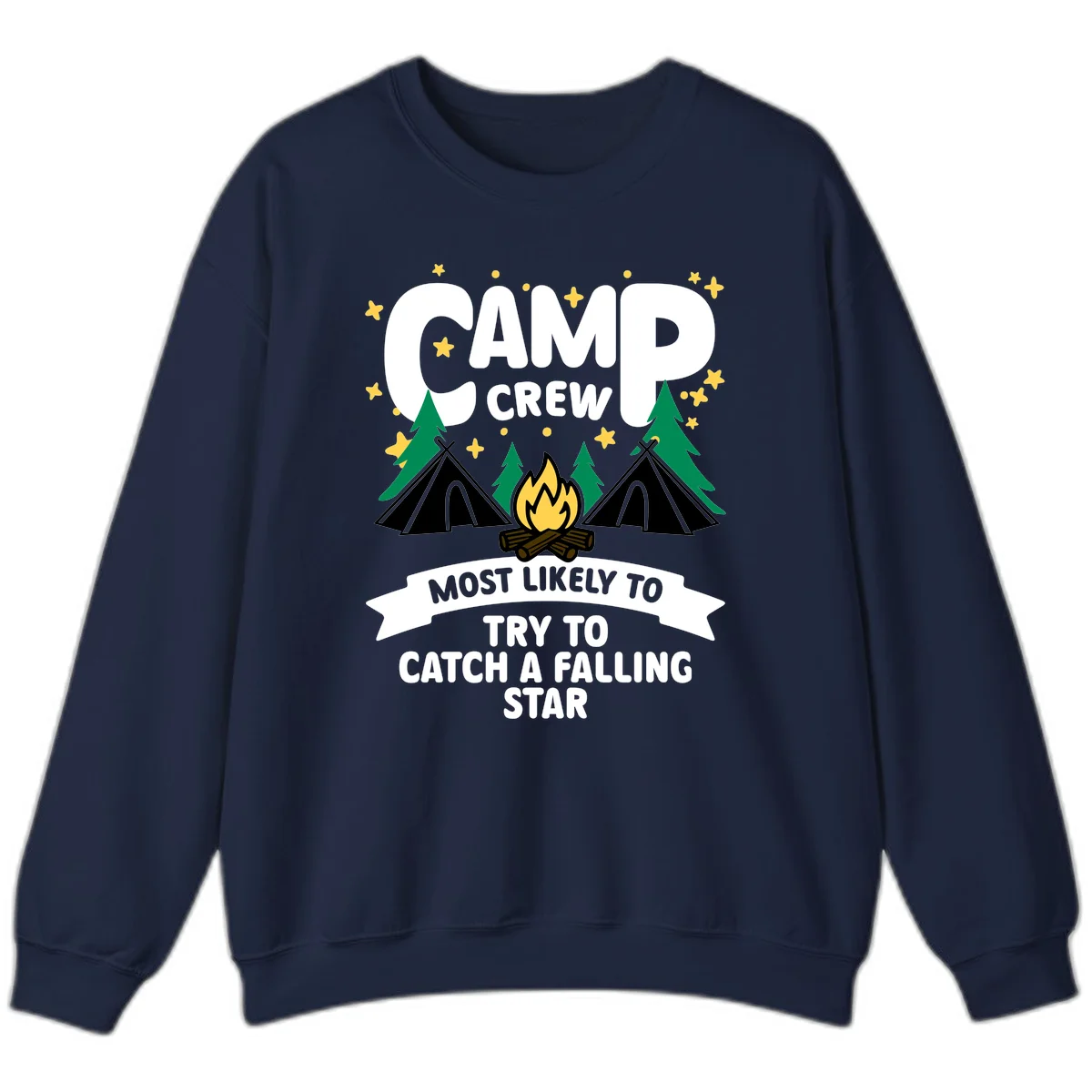 Camp crew falling star design with campfire, tents, trees, and stars on gray background in Navy