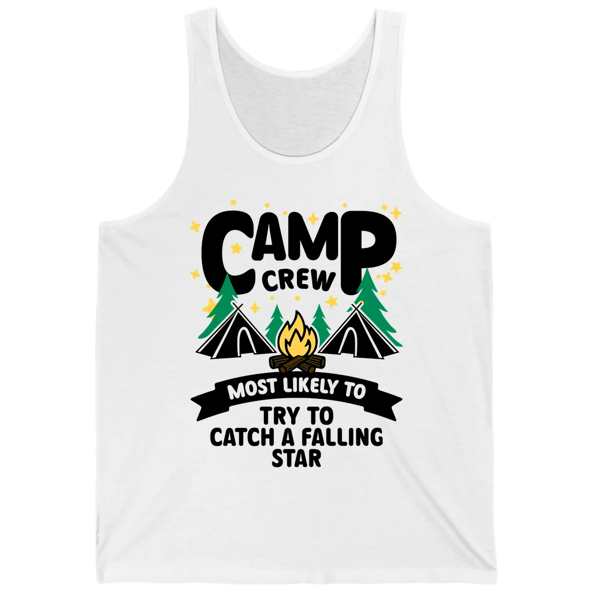 Camp crew falling star design with campfire, tents, trees, and stars on gray background in White